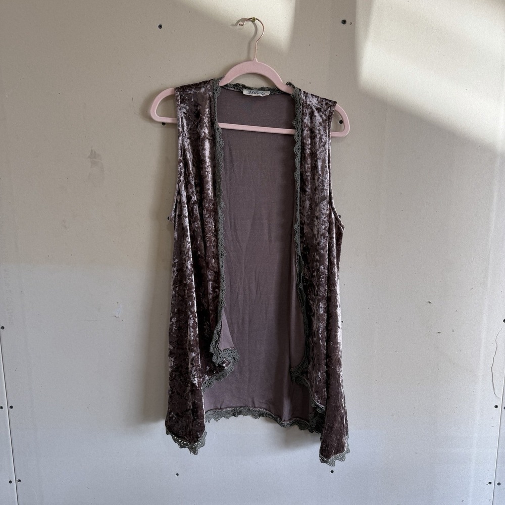 Listicle Crushed Velvet Open Front Vest with Lace Trim & Pockets - Medium